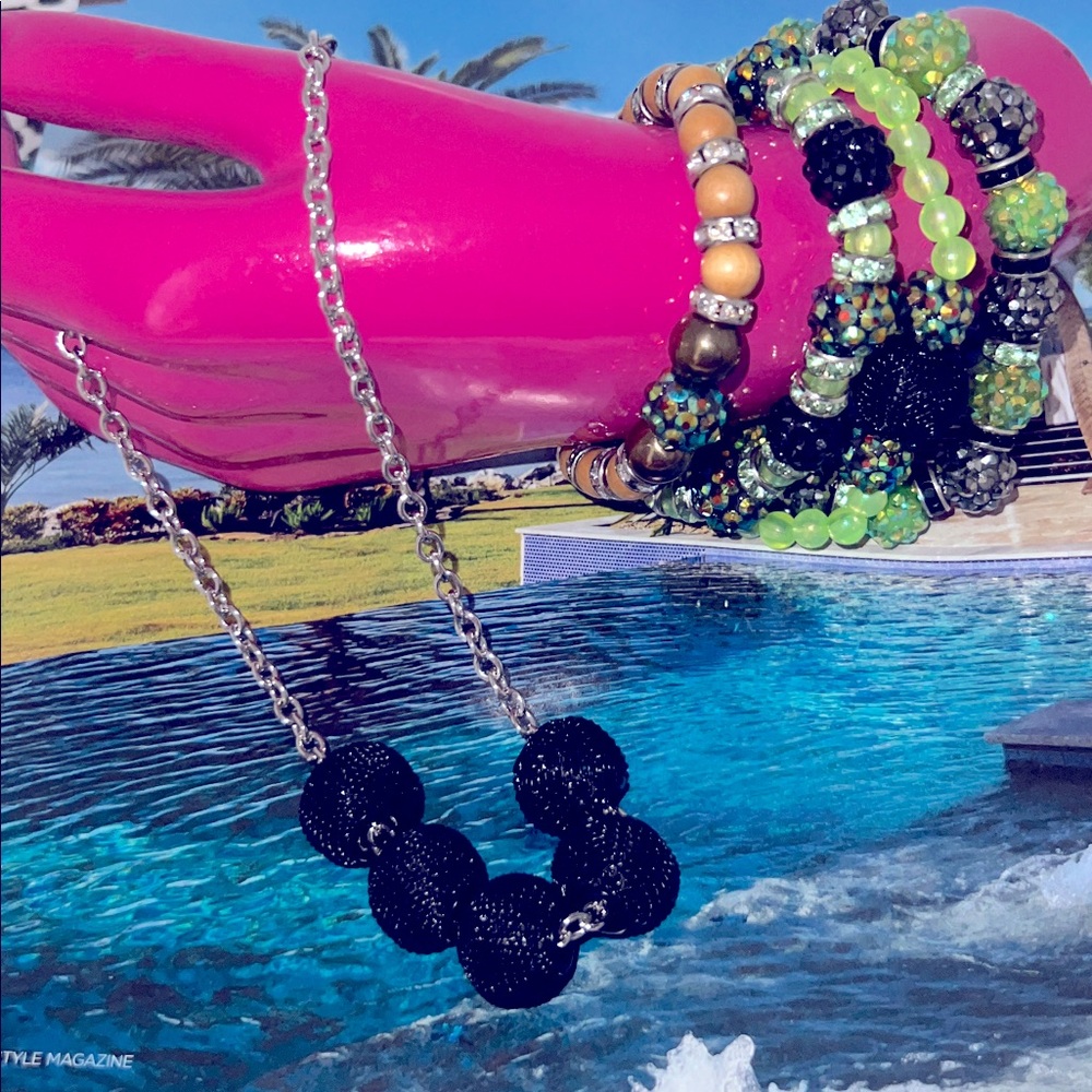 5 for $25 Beaded sparkling bracelets and choker, in lime Green&Black